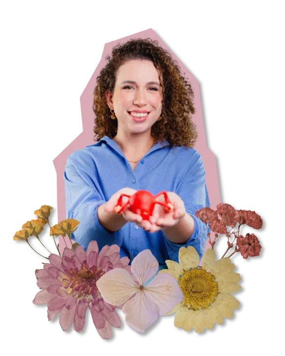 Montagem da médica segurando um modelo de útero, com flores